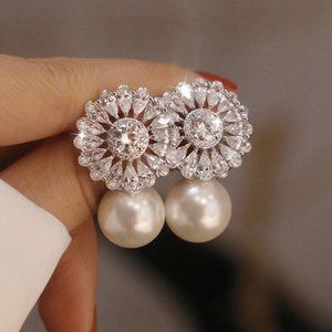 Pearl and White Sapphire Diamond Earrings